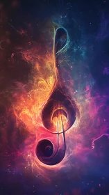 Treble clef symbol within multicolored abstract energy field.