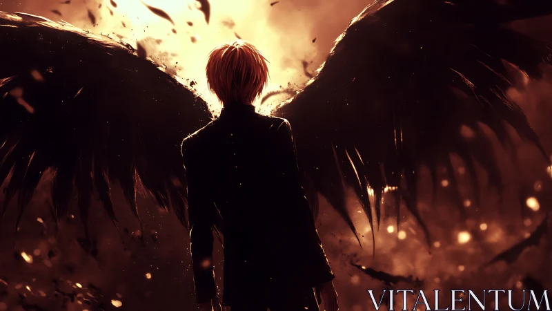 Dark winged figure stands in burning light and swirling embers