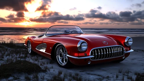 Sunset shoreline cruise with gleaming red classic roadster.
