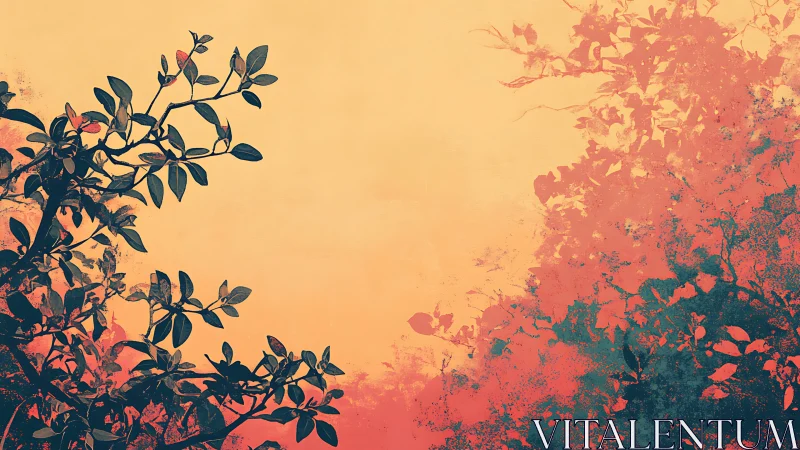 Silhouetted foliage cuts through warm coral sunset wash.