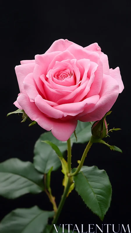 Pink rose in full bloom against plain black background.