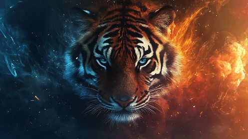 Twin‑element tiger crowned in blue embers and molten flame.