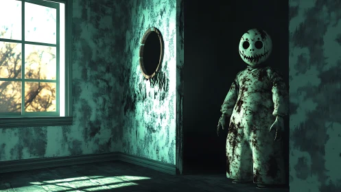 Nocturnal hallway entity in decayed interior illumination study.