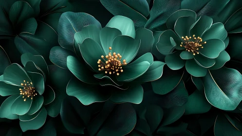 Emerald Blooms with Golden Stamens Against Dark Foliage.