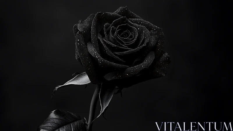 Macro study isolates a dew-covered black rose in deep chiaroscuro