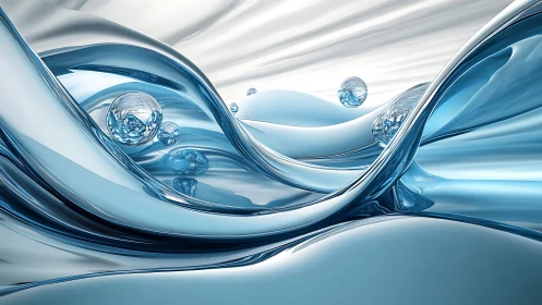Abstract Liquid Waves and Spheres in Futuristic Blue Tone Art.