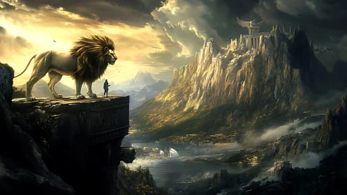 Titanic lion sentinel overlooking mythic acropolis bay at dawn