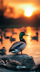 Mallard drake on riverside rock under vivid sunset glow.