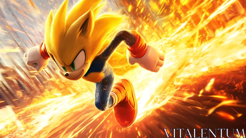 Blazing golden speedster bursting through a trail of fire.