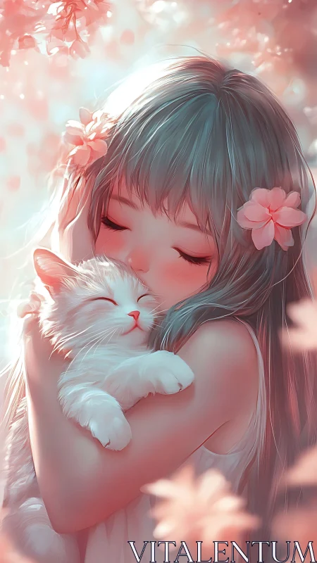 Tender anime girl hugging fluffy white cat in blossom light.