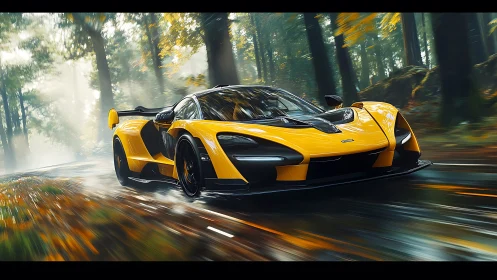 Yellow hypercar slices through a misty autumn forest road
