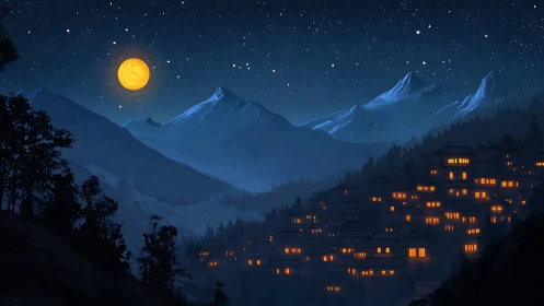 Mountain village glows under a moonlit, star-filled sky.
