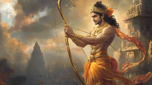Mythic archer framed by temple architecture and storm-lit sky