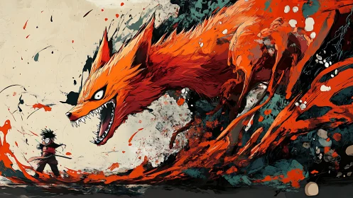 Fiery fox spirit surging beside a brave young warrior.