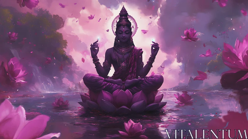 Lotus-seated meditative deity in pink atmospheric landscape.