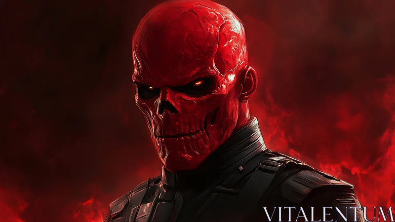 Red skeletal humanoid portrait is rendered against dark flames