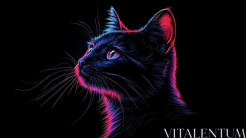 Neon lit cat portrait in vivid blue and magenta profile.