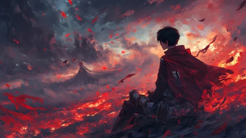 Volcanic horizon sentinel in red-cloaked tactical stillness.