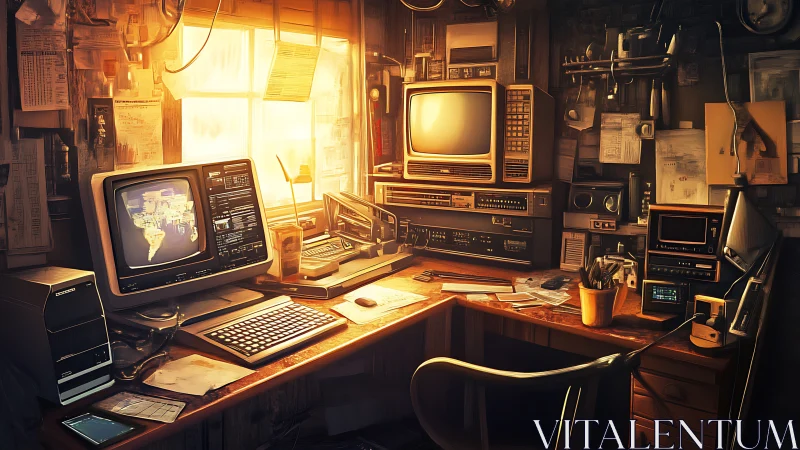 Sunlit retro command center hums with analog intrigue.