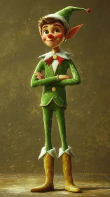 Stylized Christmas elf character in green suit and hat.