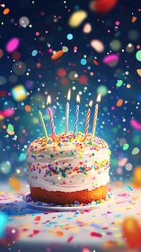 Lit birthday cake with multicolored sprinkles and bokeh particle effects background