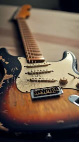 Worn sunburst electric guitar with aged pickguard detail.