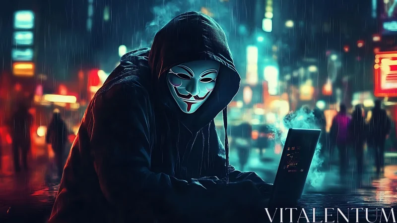 Night city hacker in mask surrounded by neon secrets.