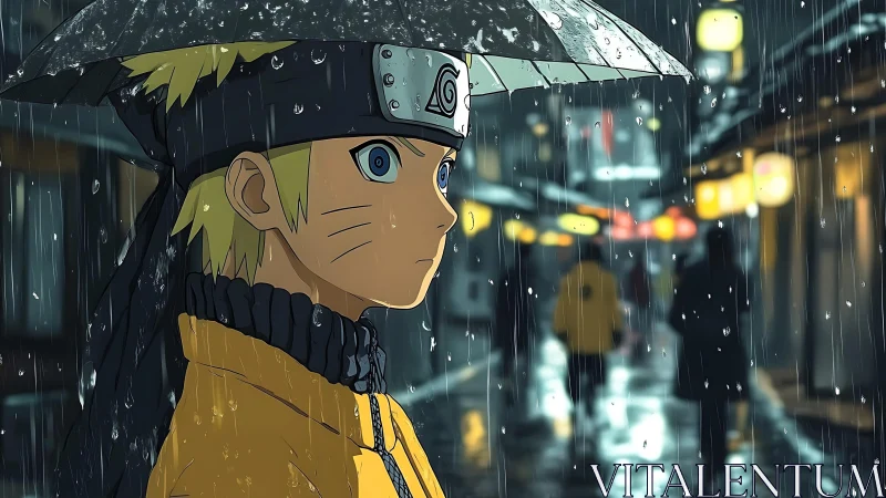 Rain-soaked ninja wanders lantern-lit alley of quiet resolve.