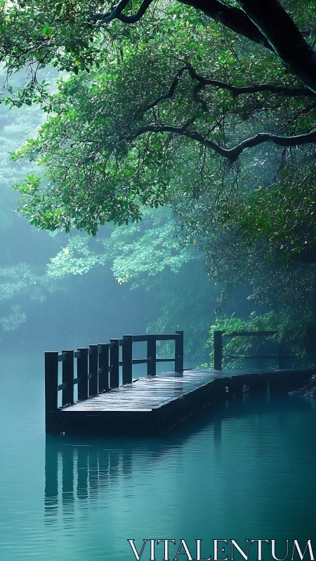 Wooden lakeside pier extends over still water in rainfall