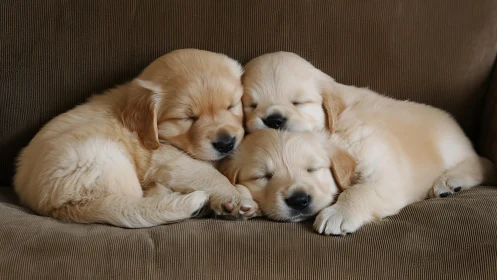 Three light-colored puppies resting on a brown fabric sofa.