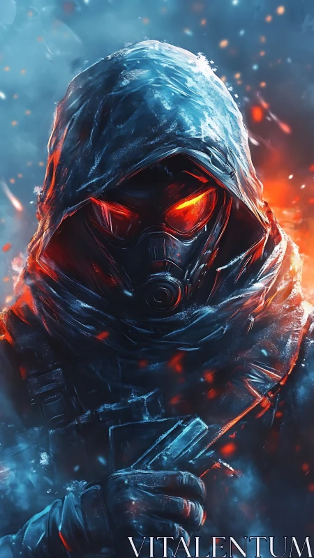Hooded combat operative with glowing visor in icy ember storm