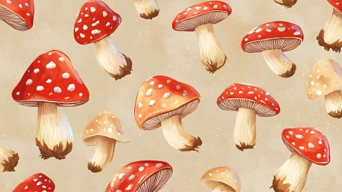 Digitally painted fly agaric mushrooms form seamless pattern
