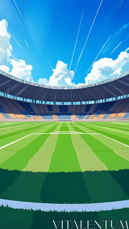 Sunlit soccer stadium waiting for the next big kickoff.