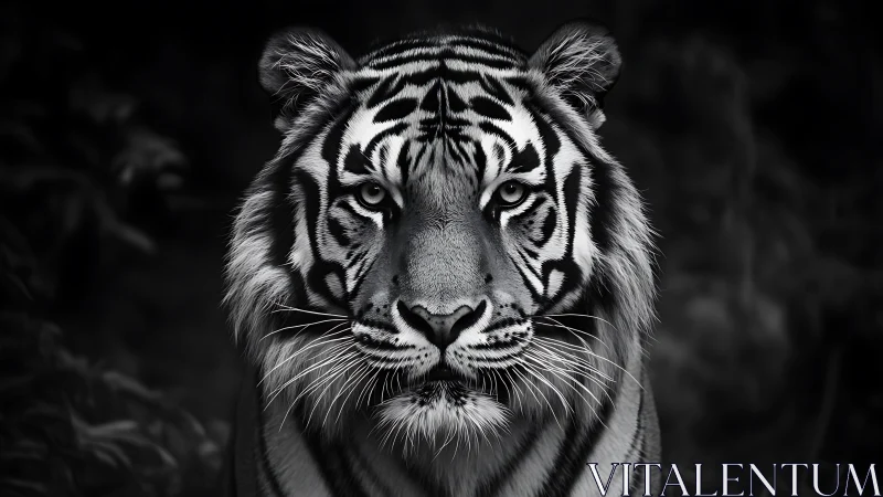 Monochrome frontal portrait shows tiger in high contrast lighting