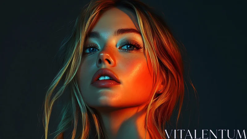 Luminous portrait under dual cyan and amber rim light glow.