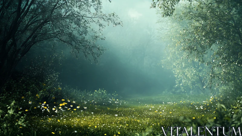 Gentle forest clearing wrapped in dreamy morning mist.
