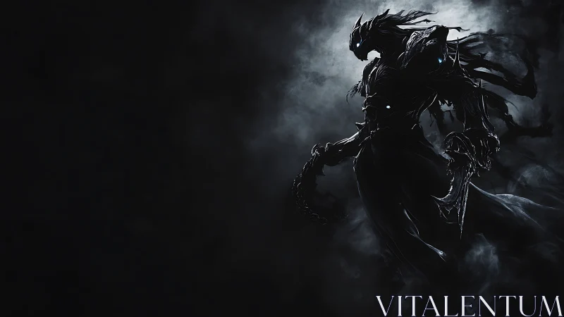 Shadowy armored creature stands in dense backlit smoke