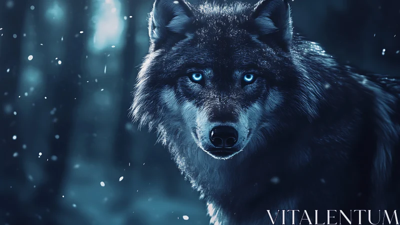 Moonlit frost wolf with electric eyes in silent snowbound forest.