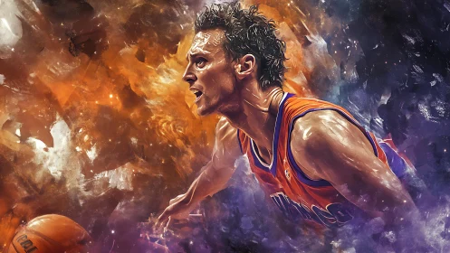 Digital painting of basketball player in orange uniform in motion.