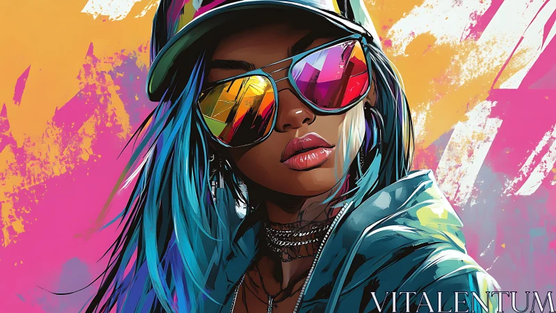 Neon street portrait shows cool woman in reflective shades