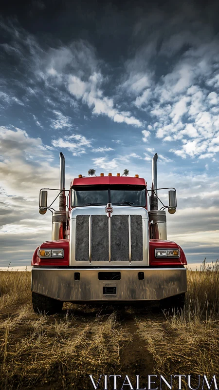 Red semi truck stands bold in a dramatic open field sky