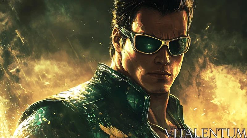 Tough sunglasses hero in glowing green leather jacket.