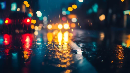 Rainy city street shows blurred car lights on wet pavement