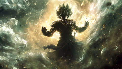 Cosmic warrior silhouette erupting with radiant power.