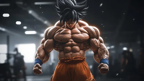 Titan warrior charges power in a smoky steel training hall.