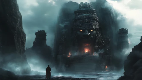 Solitary figure confronts colossal demonic temple gate in mist