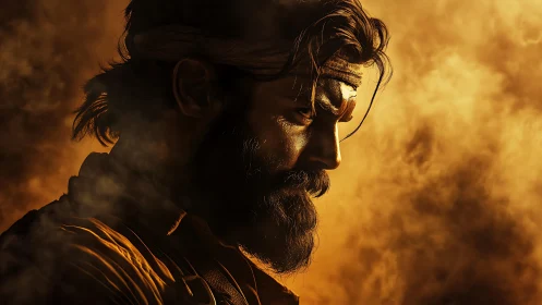 Brooding warrior in molten dusk smoke and sculpted shadow.