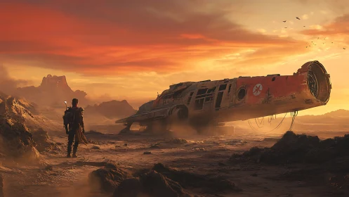 Lone wanderer beside crashed starship at desert sunset.