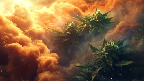 Celestial cannabis blooms drift through molten nebula light.