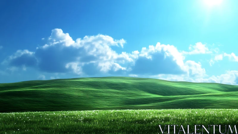 Green rolling meadow under bright blue sky and clouds.
